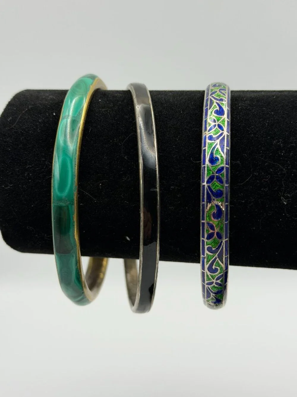 Vintage Mixed Bangle Stack Set Lot of 3 Boho Cloisonne Faux Malachite